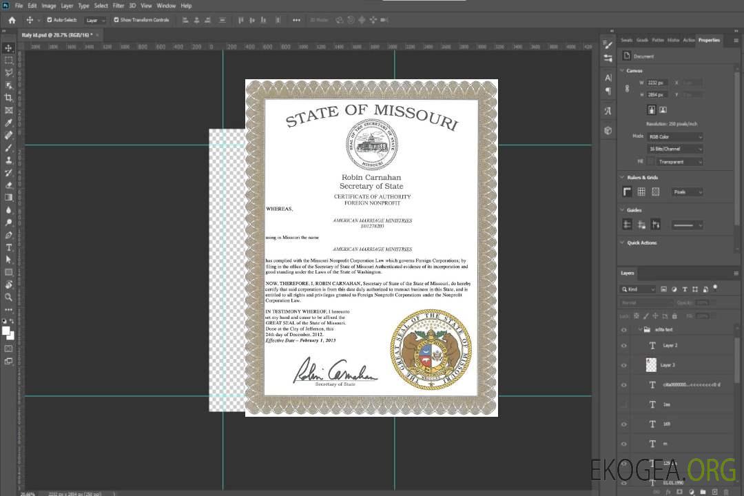Modèle de certificat de mariage USA Missouri au format PSD template